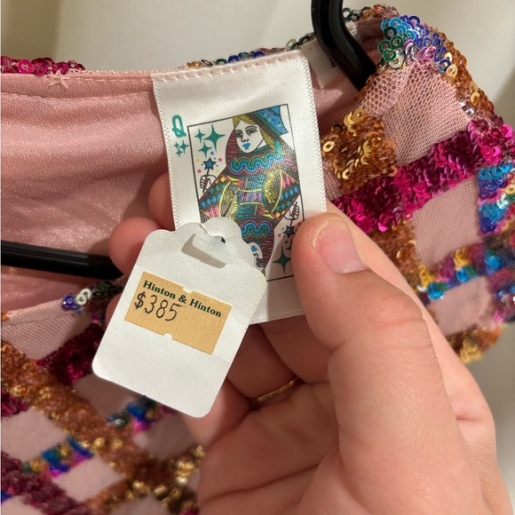 QUEEN OF SPARKLES Pink and Blue Plaid Dress with Feather Hem - Picture 3 of 4